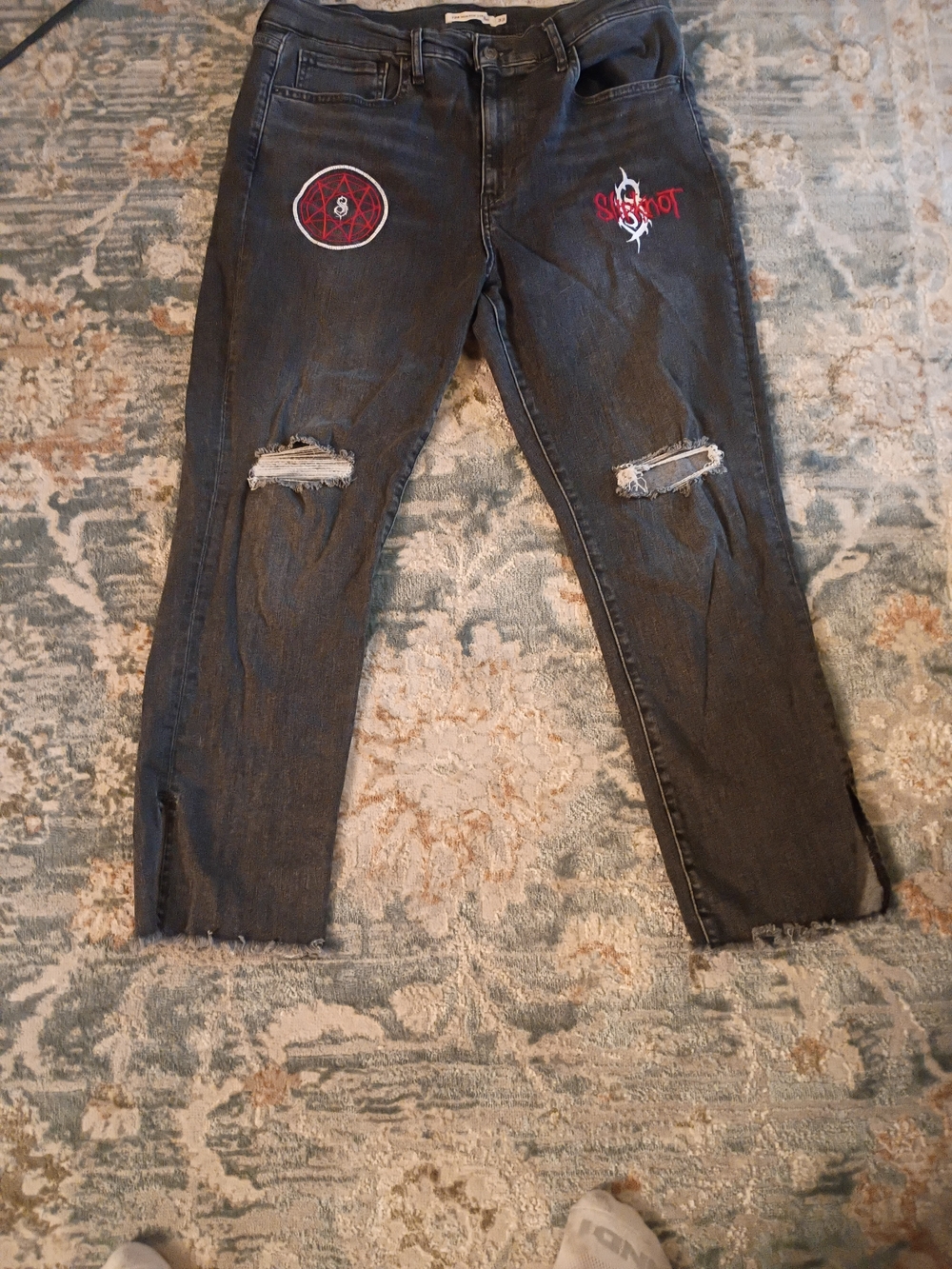 Levi's Black Distressed Ankle Jeans with Red Patch Details